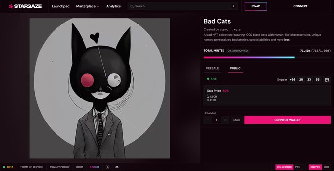 NFT marketplace page on STARGAZE for the 'Bad Cats' collection by cosare..., featuring a black cat character in a suit with one red eye, showing 71.58% minted on a 10,000 supply.