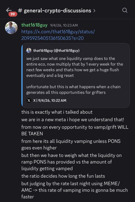 A screenshot of a Discord message in #general-crypto-discussions where user "that1618guy" shares their post about a liquidity vamping cycle on the ECO chain, predicting that "every opportunity to vamp/grift WILL BE TAKEN" and that the rate of vamping will be faster than the MEME/AMC precedent, with the ratio of vamped PONS liquidity to available PONS liquidity determining how long the cycle lasts.