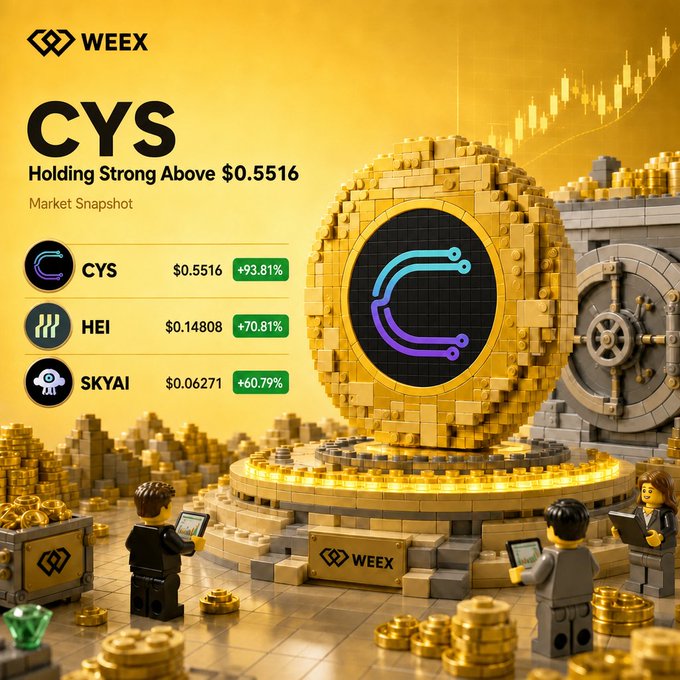This WEEX market snapshot highlights CYS holding strong above $0.5516, alongside significant gains for HEI and SKYAI. The image visually represents these rising cryptocurrencies as building blocks and gold coins, emphasizing their growth and value.