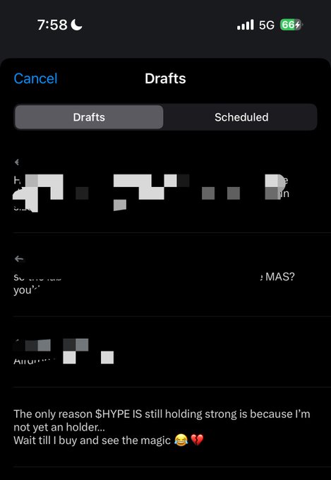 A screenshot of a mobile app showing a 'Drafts' section with several draft messages, including one that reads 'The only reason $HYPE IS still holding strong is because I'm not yet an holder... Wait till I buy and see the magic 😂💔'.
