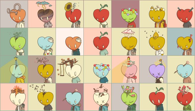 A grid of illustrated character portraits where each character has a different type of plant, flower, or nature element growing from their head.