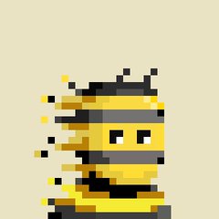 A pixel art character with a yellow and black striped helmet and body, featuring small eyes and a stylized bee-like appearance, posted as fan art tied to the "Bee & Love" theme by user LUMINARY_403. The yellow-black color scheme and bee emoji references in the post align directly with the character's bumblebee-inspired design.
