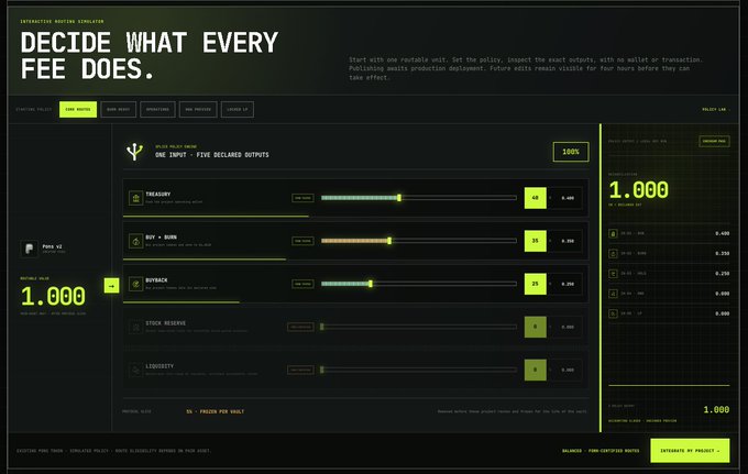 A dark-themed user interface dashboard titled "DECIDE WHAT EVERY FEE DOES" with various sliders for treasury, buy/burn, buyback, stock reserve, and liquidity.