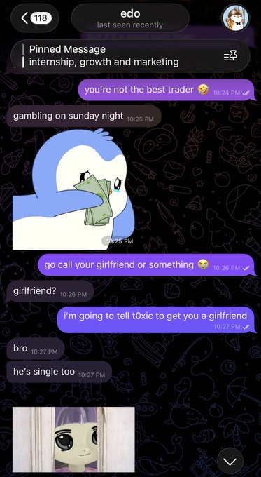 A Telegram chat screenshot with 'edo' featuring sticker reactions, where the user teases their friend about gambling on Sunday nights and getting him a girlfriend through 't0xic'.