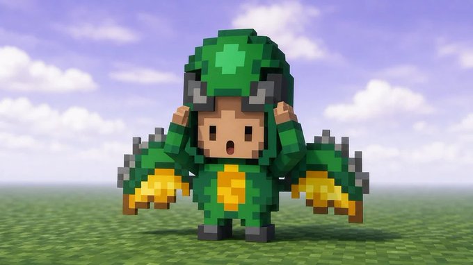 A 3D Minecraft-style rendering of a character in a green dragon or dinosaur onesie standing on a blocky grass field under a cloudy sky.