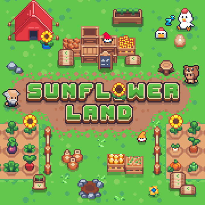 Colorful pixel art promotional graphic for 'SUNFLOWER LAND', featuring a farm scene with a red barn, sunflower crops, chickens, a dog, and various farming items.