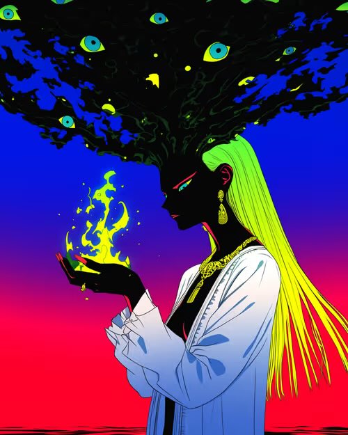 A vibrant psychedelic illustration of a dark-skinned woman with bright green and yellow hair holding yellow-green flames, while a canopy of eyes emerges from her head against a blue and red gradient background.