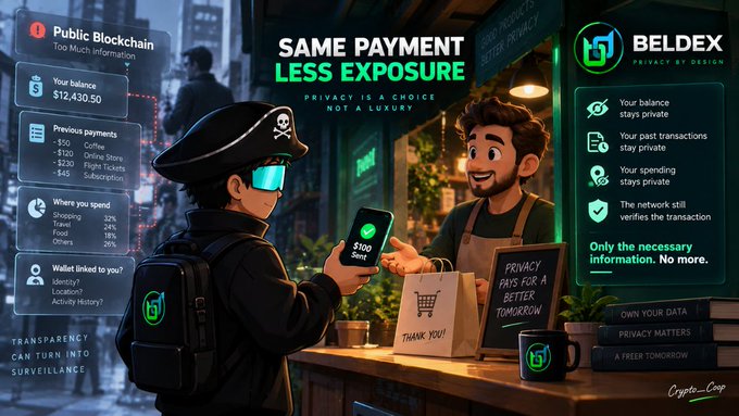 A digital advertisement for "BELDEX" featuring the text "SAME PAYMENT LESS EXPOSURE" and "PRIVACY IS A CHOICE NOT A LUXURY", depicting a stylized person paying a shopkeeper with a phone in a dark alley setting.