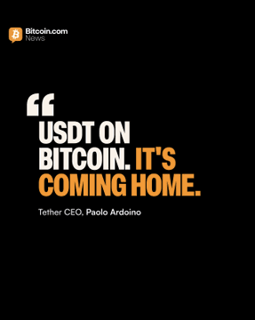 A Bitcoin.com News graphic features a quote attributed to Tether CEO Paolo Ardoino stating, "USDT on Bitcoin. It's coming home," aligning with his announcement that Tether's stablecoin is expanding to the Bitcoin network.