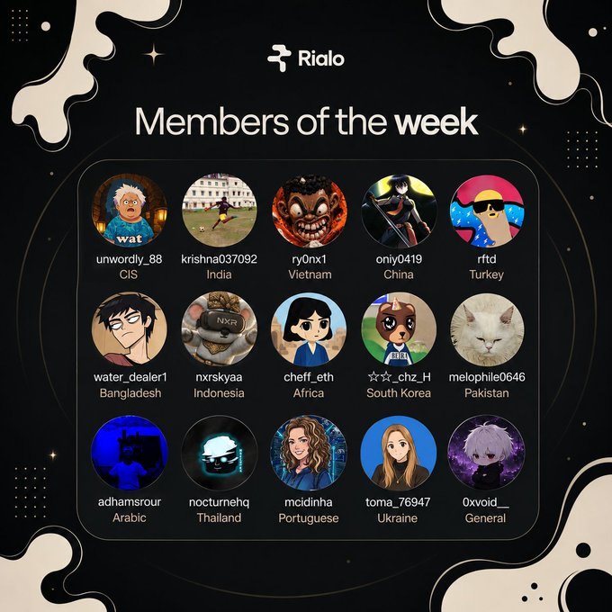 A "Members of the week" graphic from Rialo featuring 15 user avatars with usernames and countries including wat (CIS), krishna037092 (India), ry0nx1 (Vietnam), and others.