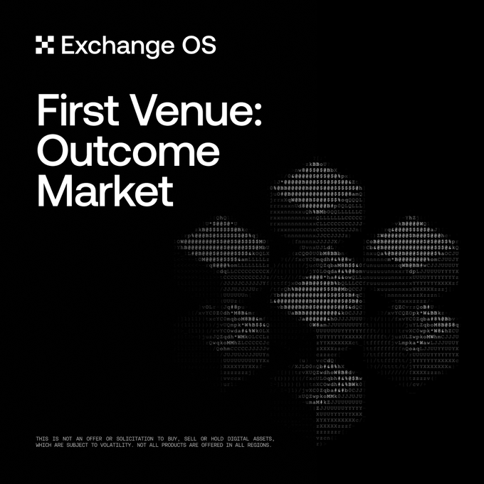The image features a black background with white text that reads "First Venue: Outcome Market" at the top, followed by an explanation of what this market is for. The text also includes a link to a website where one can learn more about building their own outcome market on Exchange OS.