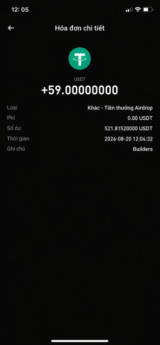 A mobile app screen showing a detailed receipt in Vietnamese for a USDT airdrop reward of +59.00000000, with a balance of 521.81520000 USDT and a timestamp of 2026-08-20.
