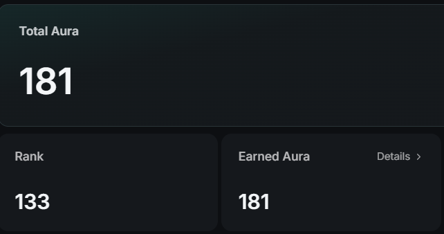 A dark-themed digital interface displaying 'Total Aura 181', a 'Rank' of '133', and 'Earned Aura 181' with a 'Details' link.