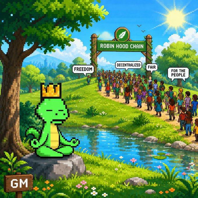 A pixel art scene shows a green dragon wearing a crown meditating by a pond, with a crowd walking toward a "ROBIN HOOD CHAIN" sign; speech bubbles read "FREEDOM," "DECENTRALIZED," "FAIR," and "FOR THE PEOPLE," and a small sign says "GM."