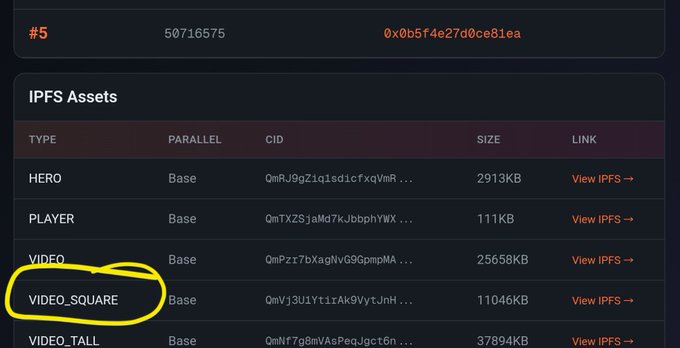 Screenshot of an IPFS Assets interface listing file types like HERO, PLAYER, VIDEO, and VIDEO_SQUARE, with VIDEO_SQUARE circled in yellow.
