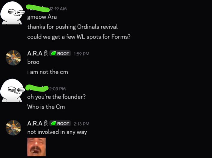A Discord chat screenshot showing a conversation about Ordinals and Forms, with one user asking if the other is the founder and the reply stating "i am not the cm" and "not involved in any way" alongside a shocked face meme.