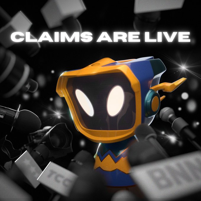 A glowing-eyed, blue-and-orange robotic character stands in the spotlight surrounded by press cameras, microphones, and news crew, beneath the bold banner "CLAIMS ARE LIVE." The dramatic, celebrity-style staging visually reinforces the announcement, framing the launch of claims as a major media event.
