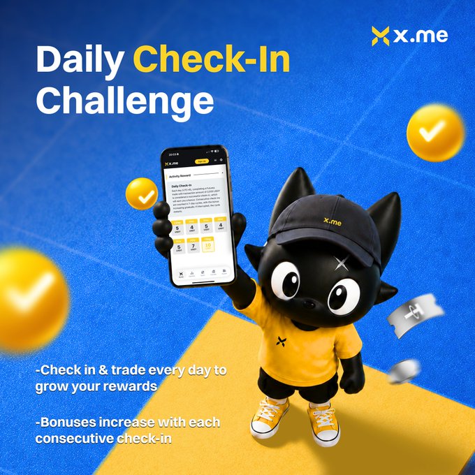 A promotional graphic with the text 'Daily Check-In Challenge' and 'x.me' features a black cartoon mascot character holding a smartphone.
