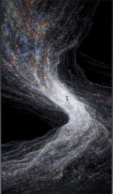 An abstract cosmic image shows a swirling, river-like formation of countless colorful stars and particles flowing through a black void, with a small figure visible in the central bright stream.