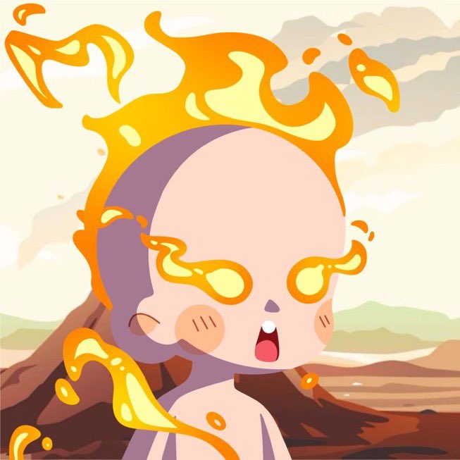 A digital illustration in a chibi anime style depicting a bald, baby-like character with flames erupting from their head, glowing yellow eyes, and an open mouth, set against a barren landscape with distant mountains.