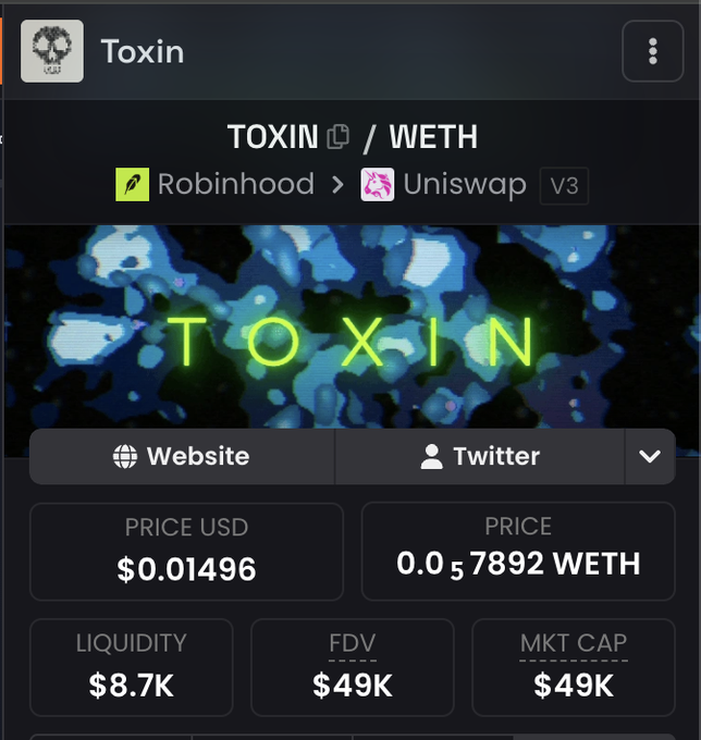 A cryptocurrency token page for 'TOXIN' traded on Uniswap V3 (via Robinhood) at $0.01496 USD with $8.7K liquidity and $49K market cap.