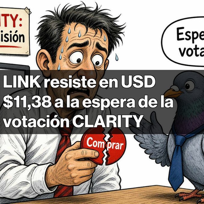 Cartoon illustration showing a sweaty, anxious man holding a broken 'Comprar' heart button next to a pigeon wearing a tie, with the Spanish text 'LINK resiste en USD $11,38 a la espera de la votación CLARITY' overlaid.