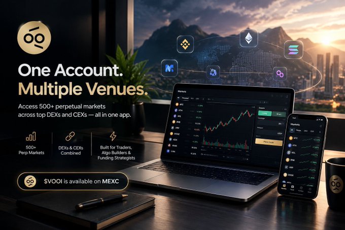 An advertisement for a crypto trading app displaying 'One Account. Multiple Venues' with features like '500+ Perp Markets' and 'DEXs & CEXs Combined', alongside a laptop and phone showing trading interfaces.