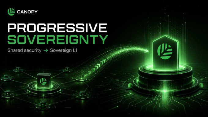 A promotional graphic for Canopy Network featuring the text 'PROGRESSIVE SOVEREIGNTY' and 'Shared security → Sovereign L1' with a futuristic green digital design showing blockchain cubes and a glowing shield icon.