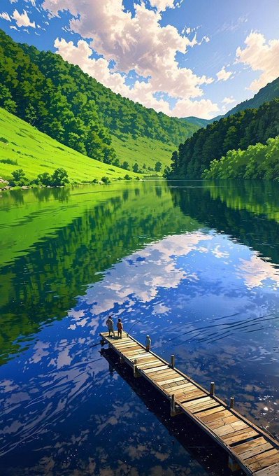A scenic landscape illustration of a green valley and lake with a wooden dock and two small figures, under a cloudy blue sky.