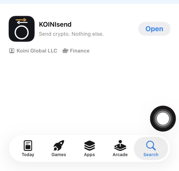 An App Store listing for KOINIsend by Koini Global LLC, described as 'Send crypto. Nothing else,' categorized under Finance, with an 'Open' button.