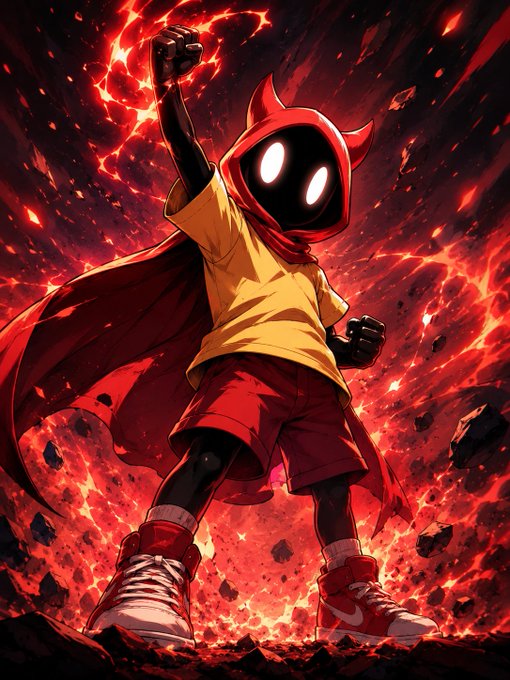 An animated illustration of a hooded character with glowing white eyes, a yellow shirt, red shorts, and a red cape, striking a powerful pose with one fist raised against a fiery red, cracked background.