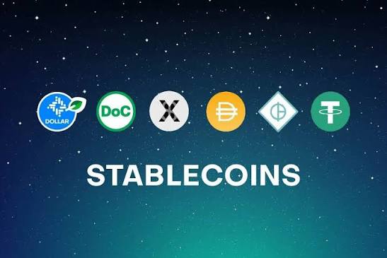 A graphic titled 'STABLECOINS' showing the logos of several cryptocurrencies, including DOLLAR, DoC, X, a yellow coin, a diamond-shaped coin, and Tether (T), against a starry night sky.