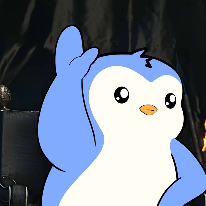A cartoon illustration of a cute blue and white penguin with large expressive eyes, raising one wing in a friendly wave against a dark background.