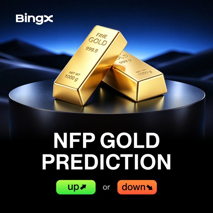 The image is a BingX promotional graphic for an "#BingXTradFi Giveaway" featuring two fine gold bars (marked "FINE GOLD 999.9" and "NET WT 1000 g") on a dark pedestal, with the text "NFP GOLD PREDICTION" and green "up" and red "down" buttons prompting users to guess whether gold prices will rise or fall after tomorrow's NFP release.
