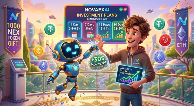 In the image, a robot and a person are standing next to each other near some flags. The robot has its hand extended towards the person holding up a sign that says "NovaEx AI Investment Plans" above their head. Both the robot and the person appear to be in a city setting, with buildings and clouds visible in the background. The image also features text that reads: "Each registration gets 50 USDT NovaEx AI is going global! Registration now to receive 10,000 free NEX tokens worth $1,000!"