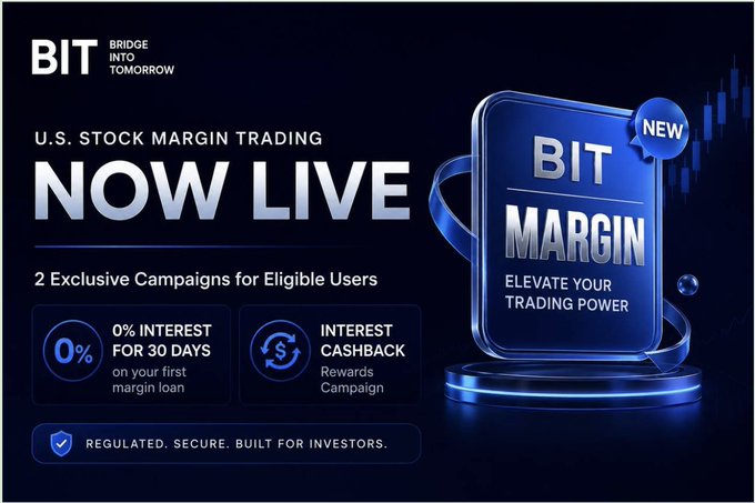 An advertisement for BIT (Bridge Into Tomorrow) promoting 'U.S. STOCK MARGIN TRADING NOW LIVE' with offers of 0% interest for 30 days and an interest cashback rewards campaign, noting 'REGULATED. SECURE. BUILT FOR INVESTORS.'