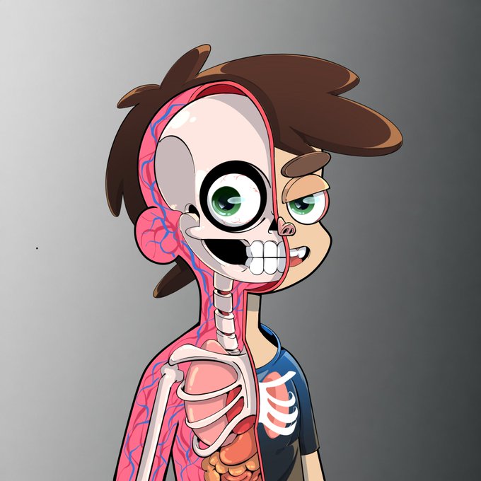 A cartoon illustration showing a cross-section of a young boy's head and torso, revealing a skeleton, muscles, organs, and a brain on one side while keeping a normal appearance on the other.