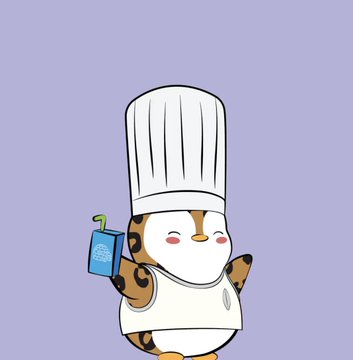 A cute cartoon illustration of a spotted cat dressed as a chef in a white uniform and tall chef's hat, holding a blue bag with a logo on a light purple background.
