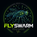 A dark logo for 'FLYSWARM' featuring a stylized fish design with circuit board patterns and stars, labeled 'swarm intelligence for traders'.