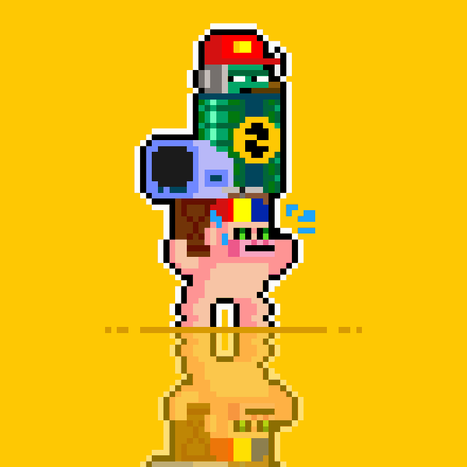 A pixel art image shows a green can character with a face, wearing a red cap, sweating blue droplets while standing on a small pedestal against a yellow background.