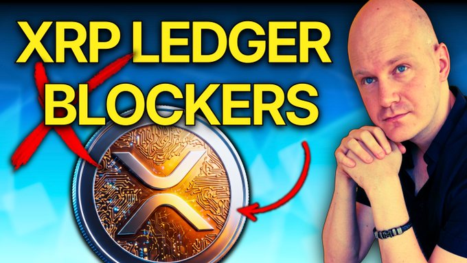 A YouTube thumbnail titled 'XRP LEDGER BLOCKERS' in large yellow text, featuring a man on the right and an XRP coin on the left with red arrows pointing to it.