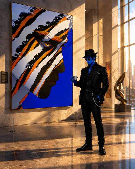 A blue-skinned man in a black suit and fedora holds a cup while standing next to a large portrait of a face painted with orange, black, and white zebra stripes in a sunlit gallery.