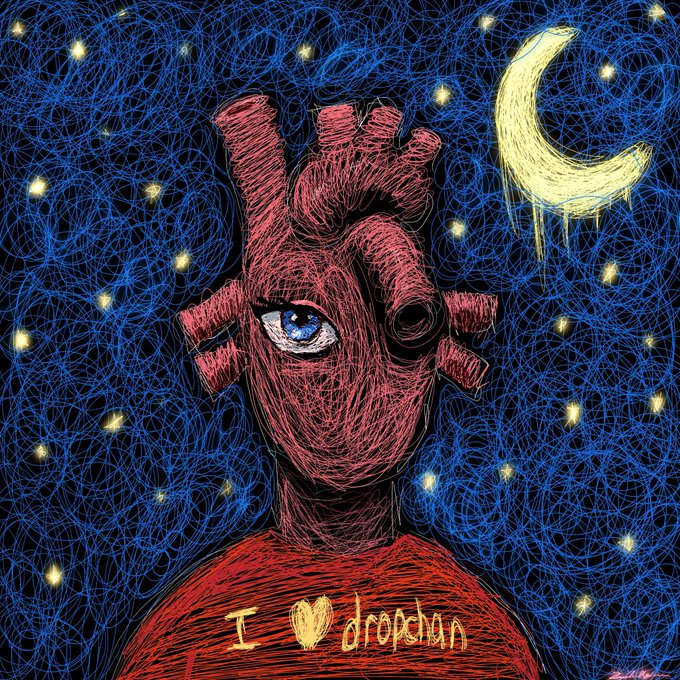 A surreal illustration of a red anatomical heart with a single blue eye, set against a scribbled blue night sky with a crescent moon and stars, featuring the text "I ❤ dropchan" written across the bottom in yellow—reflecting the artist's reflection on love and dedication to the Dropchan community in the accompanying auction post.