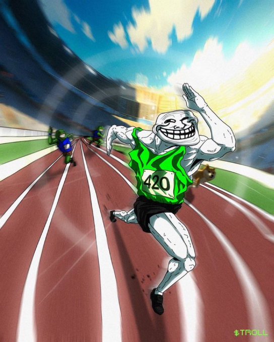 An anime-style illustration of a meme character running on a track wearing bib number 420, with the text '$TROLL' in the corner.