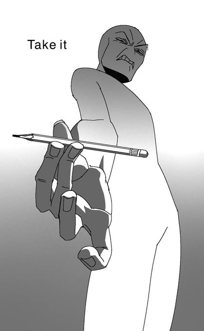 A black-and-white illustration of a stern, muscular, bald figure handing over a pen while saying "Take it," symbolizing an urging to take action on a trade. The image thematically represents the post's encouragement to buy the tickers $TripleT and $Udin.