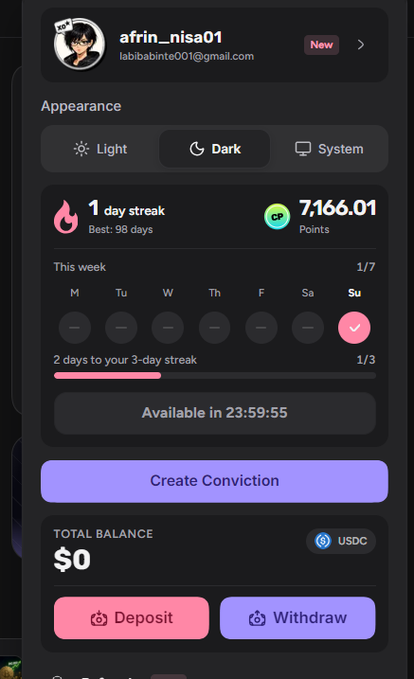 A mobile app interface displays the username 'afrin__nisa01' with a 1-day streak, 7,166.01 CP points, a weekly progress tracker, and options to deposit or withdraw USDC.
