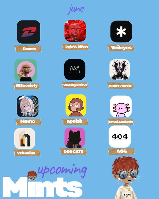 The image features a poster with various icons representing different things such as social media platforms, games, and other interests. The poster also includes text that reads "upcoming mints" and "we are low key still in an NFT frenzy so this is a few mints that will be happening in june". A person wearing glasses can be seen on the poster, possibly representing someone who enjoys these interests or is involved with them.