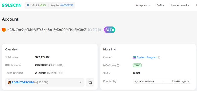 A SOLSCAN account page displays wallet "HR8N4YpKod9MsbVBT45Kh6cXJ7yDm9PfpPhktBjvGbXE" with a total value of $22,474.07, showing a SOL balance of 2.62380812 (-$214.94) and 2 Tokens including 4.05M TOESCOIN (-$22.25K), funded 22h 44m ago by 8gFZKW..H6bMR. The image supports the post by showing this wallet's losses on TOESCOIN, corroborating the claim that the wallet bought in and then sold off ("fullclipped") for a loss.