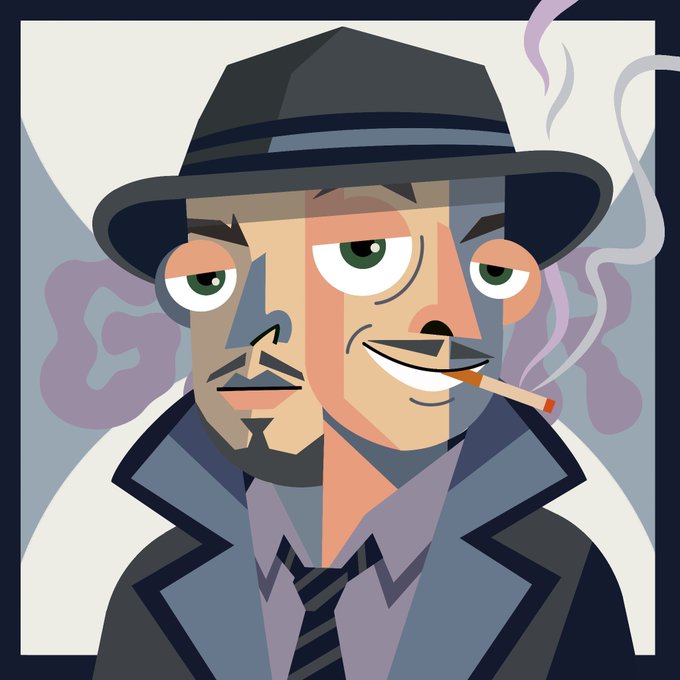 A stylized illustration of a man wearing a fedora and trench coat, smoking a cigarette, with a small mustache and goatee. The image's noir/film-noir aesthetic complements the promotional crypto giveaway post encouraging users to follow and engage with the @ChromaGlitchy account.
