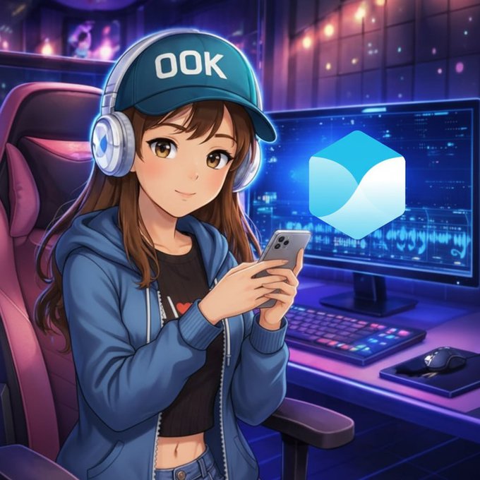 An anime-style illustration depicts a girl wearing an 'OOK' cap and headphones holding a smartphone, with a cryptocurrency logo displayed on her monitor.